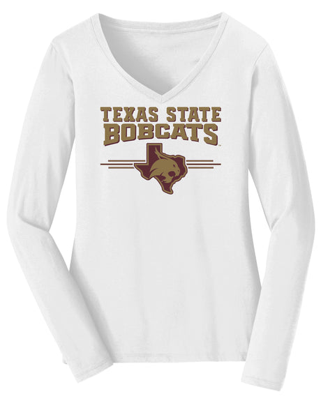 Women's Texas State Bobcats Long Sleeve V-Neck Tee Shirt - 3 Stripe State Outline Logo
