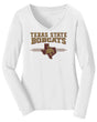 Women's Texas State Bobcats Long Sleeve V-Neck Tee Shirt - 3 Stripe State Outline Logo
