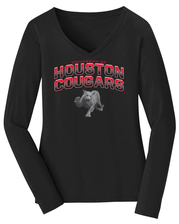 Women's Houston Cougars Long Sleeve V-Neck Tee Shirt - Full Color Fade with Cougar