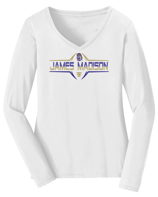 Women's James Madison Dukes Long Sleeve V-Neck Tee Shirt - Striped James Madison Football Laces