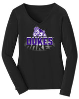 Women's James Madison Dukes Long Sleeve V-Neck Tee Shirt - Spotlight and Shadow Dukes