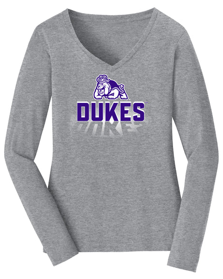 Women's James Madison Dukes Long Sleeve V-Neck Tee Shirt - Spotlight and Shadow Dukes