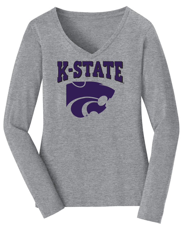 Women's K-State Wildcats Long Sleeve V-Neck Tee Shirt - Kansas State Powercat Logo