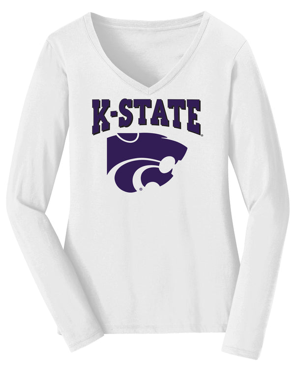 Women's K-State Wildcats Long Sleeve V-Neck Tee Shirt - Kansas State Powercat Logo