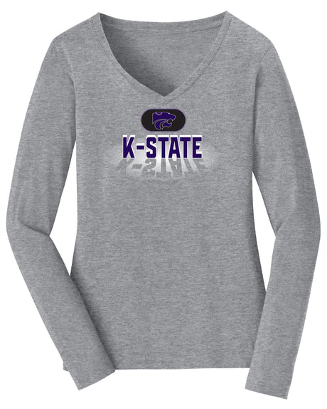 Women's K-State Wildcats Long Sleeve V-Neck Tee Shirt - Spotlight and Shadow K-State