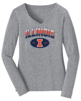 Women's Illinois Fighting Illini Long Sleeve V-Neck Tee Shirt - Full Color Fade Illinois Arch