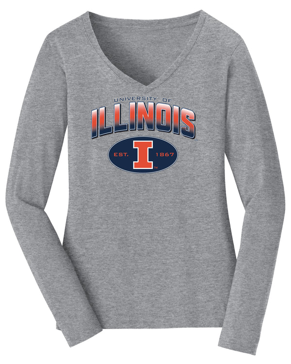 Women's Illinois Fighting Illini Long Sleeve V-Neck Tee Shirt - Full Color Fade Illinois Arch