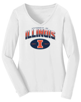 Women's Illinois Fighting Illini Long Sleeve V-Neck Tee Shirt - Full Color Fade Illinois Arch