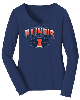 Women's Illinois Fighting Illini Long Sleeve V-Neck Tee Shirt - Full Color Fade Illinois Arch