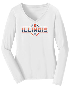 Women's Illinois Fighting Illini Long Sleeve V-Neck Tee Shirt - Striped Illinois Football Laces