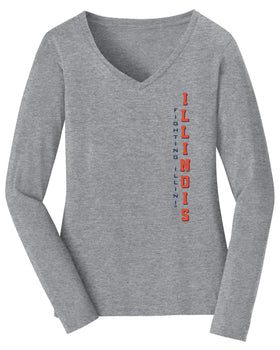 Women's Illinois Fighting Illini Long Sleeve V-Neck Tee Shirt - Vertical Illinois Fighting Illini