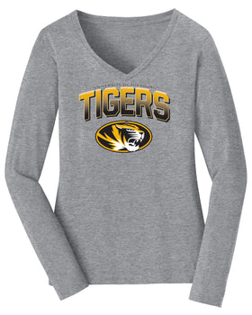 Women's Missouri Tigers Long Sleeve V-Neck Tee Shirt - Full Color Fade Tigers Logo