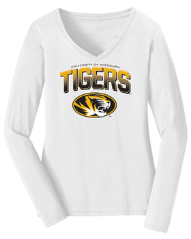 Women's Missouri Tigers Long Sleeve V-Neck Tee Shirt - Full Color Fade Tigers Logo