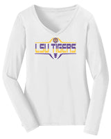 Women's LSU Tigers Long Sleeve V-Neck Tee Shirt - Striped Tigers Football Laces