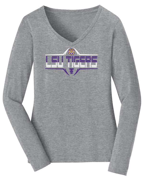 Women's LSU Tigers Long Sleeve V-Neck Tee Shirt - Striped Tigers Football Laces