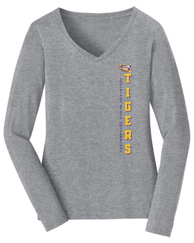 Women's LSU Tigers Long Sleeve V-Neck Tee Shirt - Vertical Louisiana State University Tigers