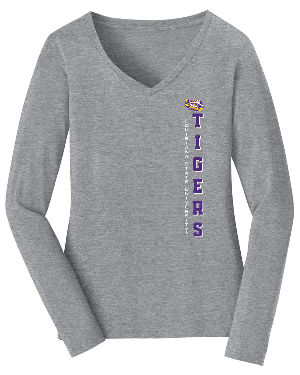 Women's LSU Tigers Long Sleeve V-Neck Tee Shirt - Vertical Louisiana State University Tigers