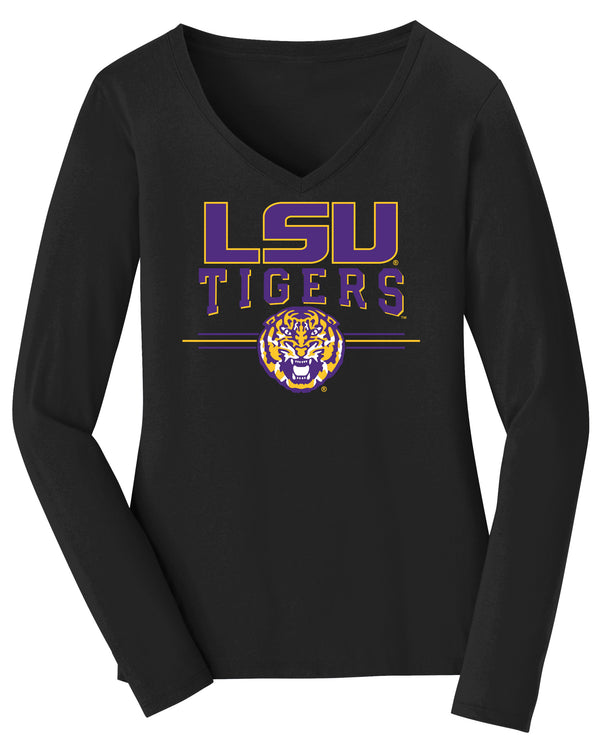 Women's LSU Tigers Long Sleeve V-Neck Tee Shirt - LSU Tigers 3-Stripe