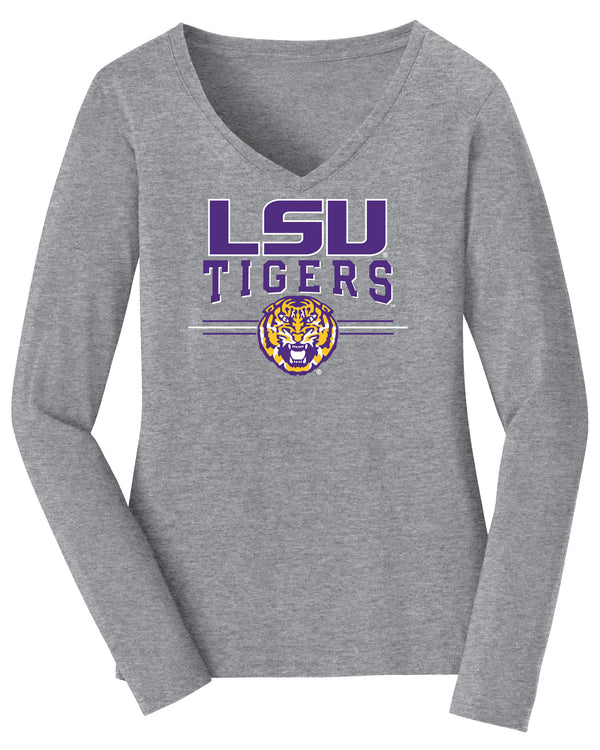 Women's LSU Tigers Long Sleeve V-Neck Tee Shirt - LSU Tigers 3-Stripe