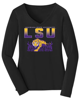 Women's LSU Tigers Long Sleeve V-Neck Tee Shirt - LSU Tiger Stadium Full Color Fade