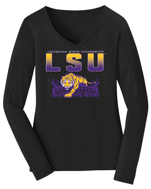 Women's LSU Tigers Long Sleeve V-Neck Tee Shirt - LSU Tiger Stadium Full Color Fade