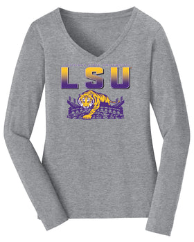 Women's LSU Tigers Long Sleeve V-Neck Tee Shirt - LSU Tiger Stadium Full Color Fade