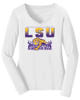 Women's LSU Tigers Long Sleeve V-Neck Tee Shirt - LSU Tiger Stadium Full Color Fade