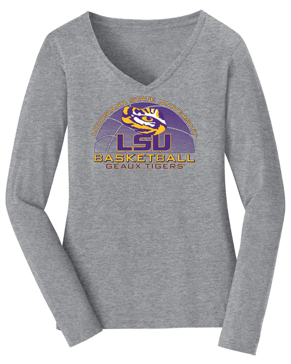 Women's LSU Tigers Long Sleeve V-Neck Tee Shirt - LSU Basketball Geaux Tigers