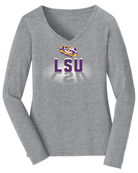 Women's LSU Tigers Long Sleeve V-Neck Tee Shirt - Spotlight and Shadow LSU