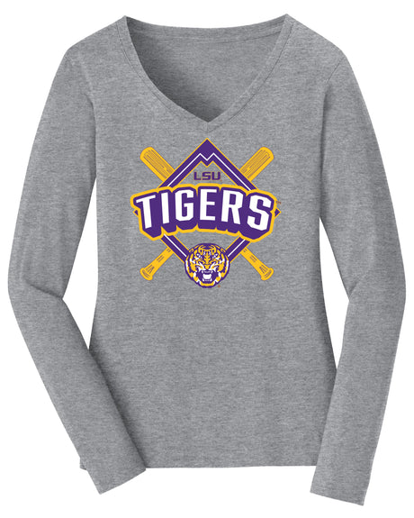 Women's LSU Tigers Long Sleeve V-Neck Tee Shirt - LSU Baseball Diamond