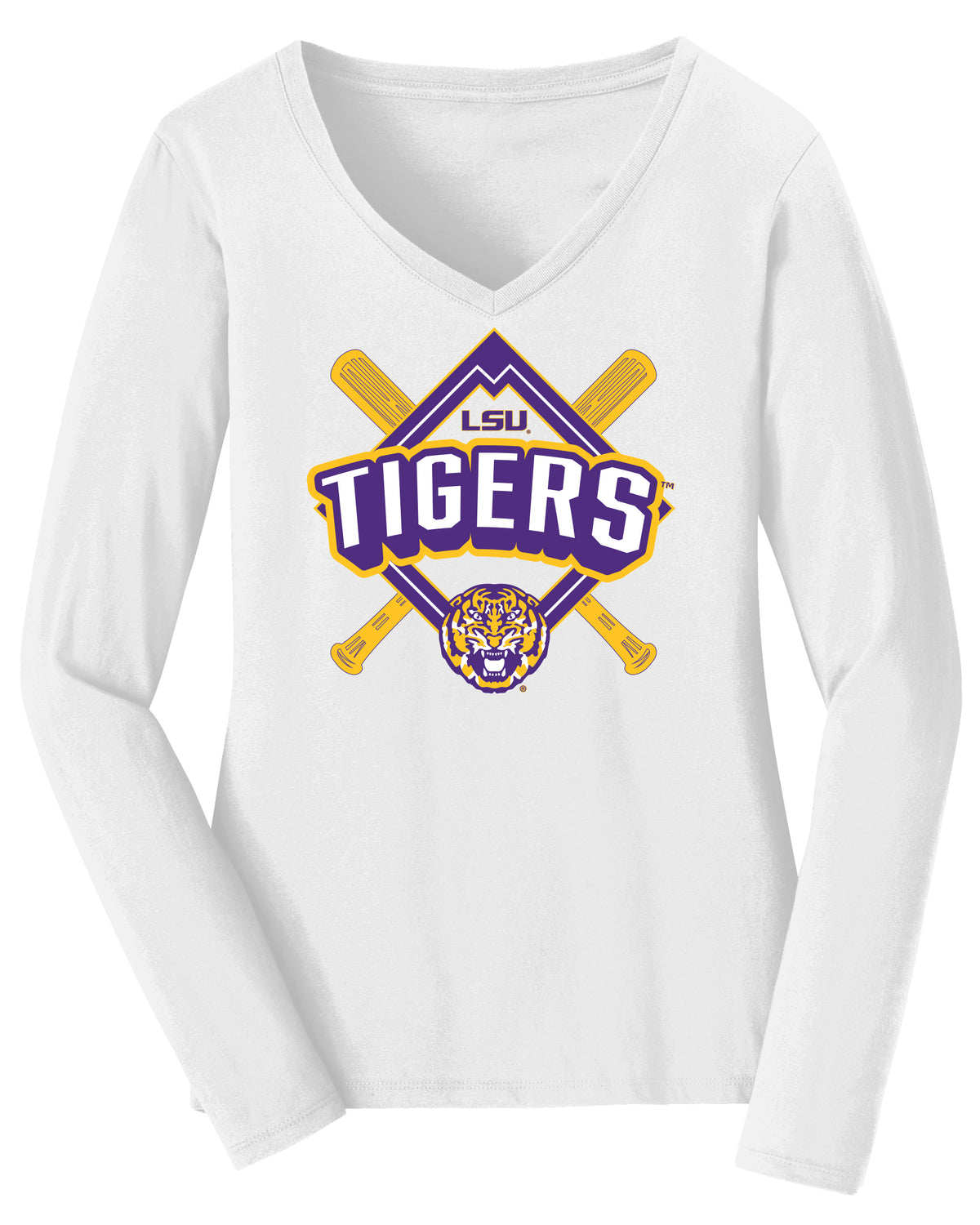 Women's LSU Tigers Long Sleeve V-Neck Tee Shirt - LSU Baseball Diamond