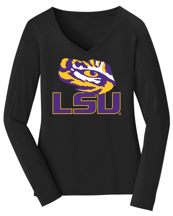 Women's LSU Tigers Long Sleeve V-Neck Tee Shirt - Tiger Eye LSU