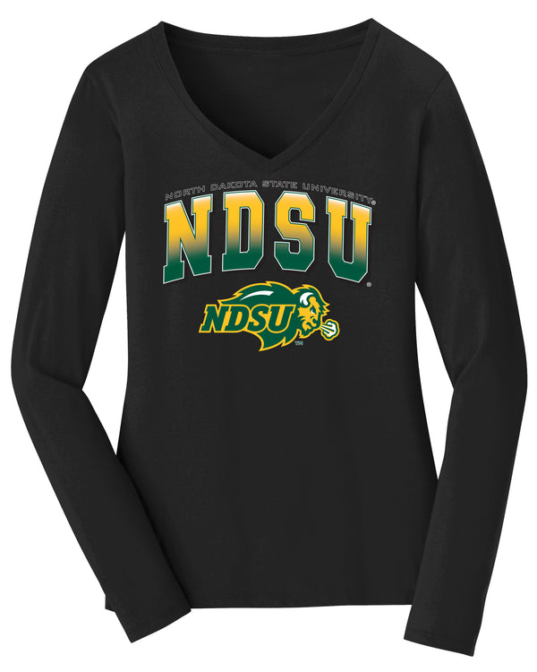 Women's NDSU Bison Long Sleeve V-Neck Tee Shirt - Full Color NDSU Fade with Logo