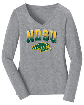 Women's NDSU Bison Long Sleeve V-Neck Tee Shirt - Full Color NDSU Fade with Logo