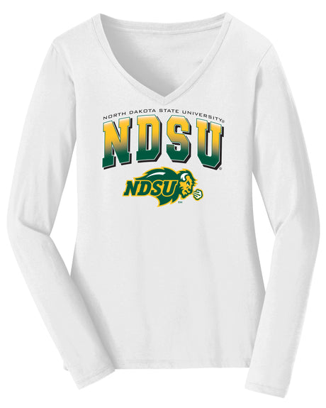 Women's NDSU Bison Long Sleeve V-Neck Tee Shirt - Full Color NDSU Fade with Logo