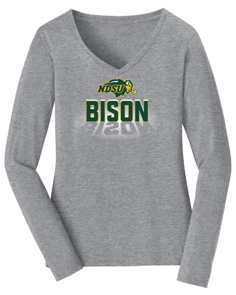 Women's NDSU Bison Long Sleeve V-Neck Tee Shirt - Spotlight Bison