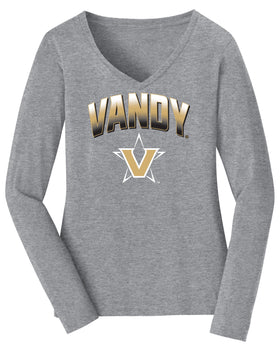 Women's Vanderbilt Commodores Long Sleeve V-Neck Shirt - Vandy Arch Full Color Fade with Primary