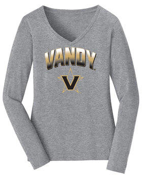 Women's Vanderbilt Commodores Long Sleeve V-Neck Shirt - Vandy Full Color Arch with Primary