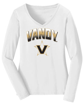 Women's Vanderbilt Commodores Long Sleeve V-Neck Shirt - Vandy Full Color Arch with Primary