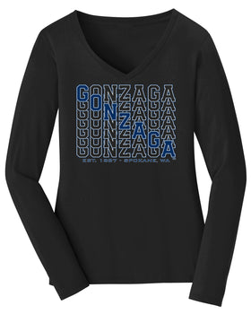 Women's Gonzaga Bulldogs Long Sleeve V-Neck Tee Shirt - Diagonal Echo Gonzaga