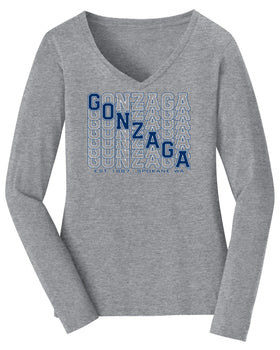 Women's Gonzaga Bulldogs Long Sleeve V-Neck Tee Shirt - Diagonal Echo Gonzaga