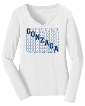 Women's Gonzaga Bulldogs Long Sleeve V-Neck Tee Shirt - Diagonal Echo Gonzaga