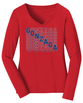 Women's Gonzaga Bulldogs Long Sleeve V-Neck Tee Shirt - Diagonal Echo Gonzaga