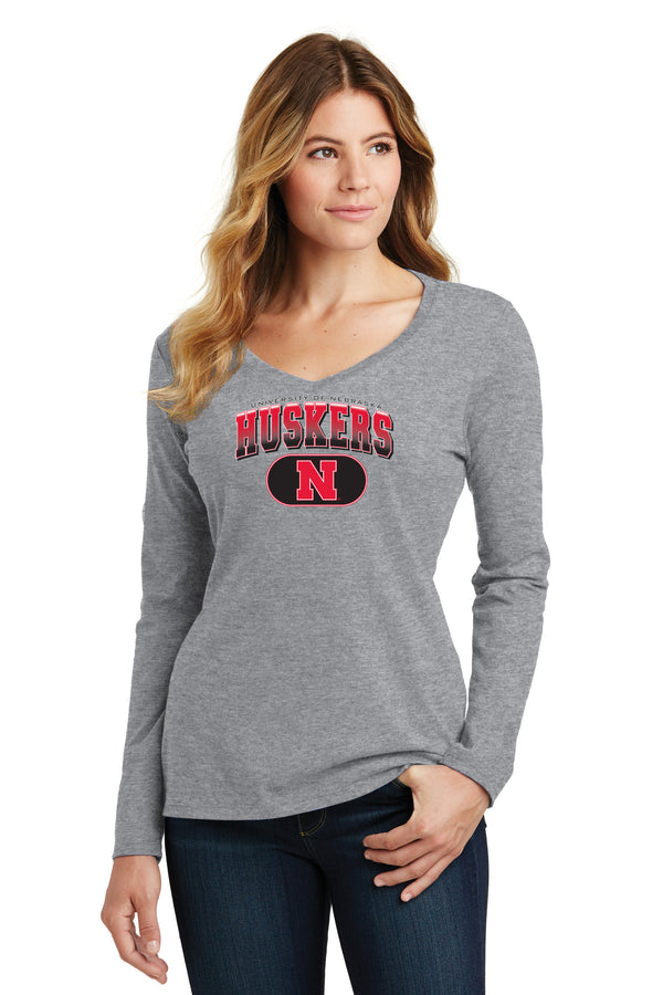 Women's Nebraska Huskers Long Sleeve V-Neck Tee Shirt - Full Color Huskers Fade with Block N