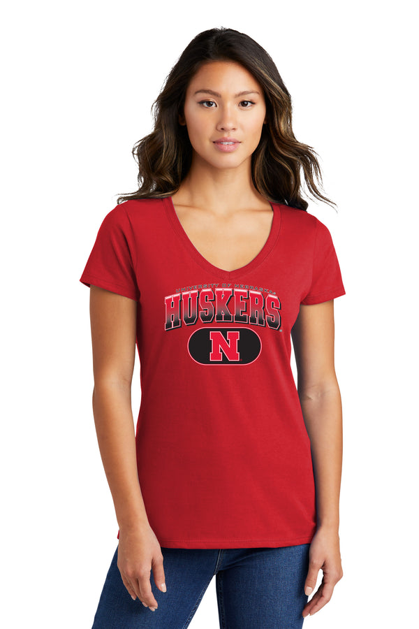 Women's Nebraska Huskers Long Sleeve V-Neck Tee Shirt - Full Color Huskers Fade with Block N