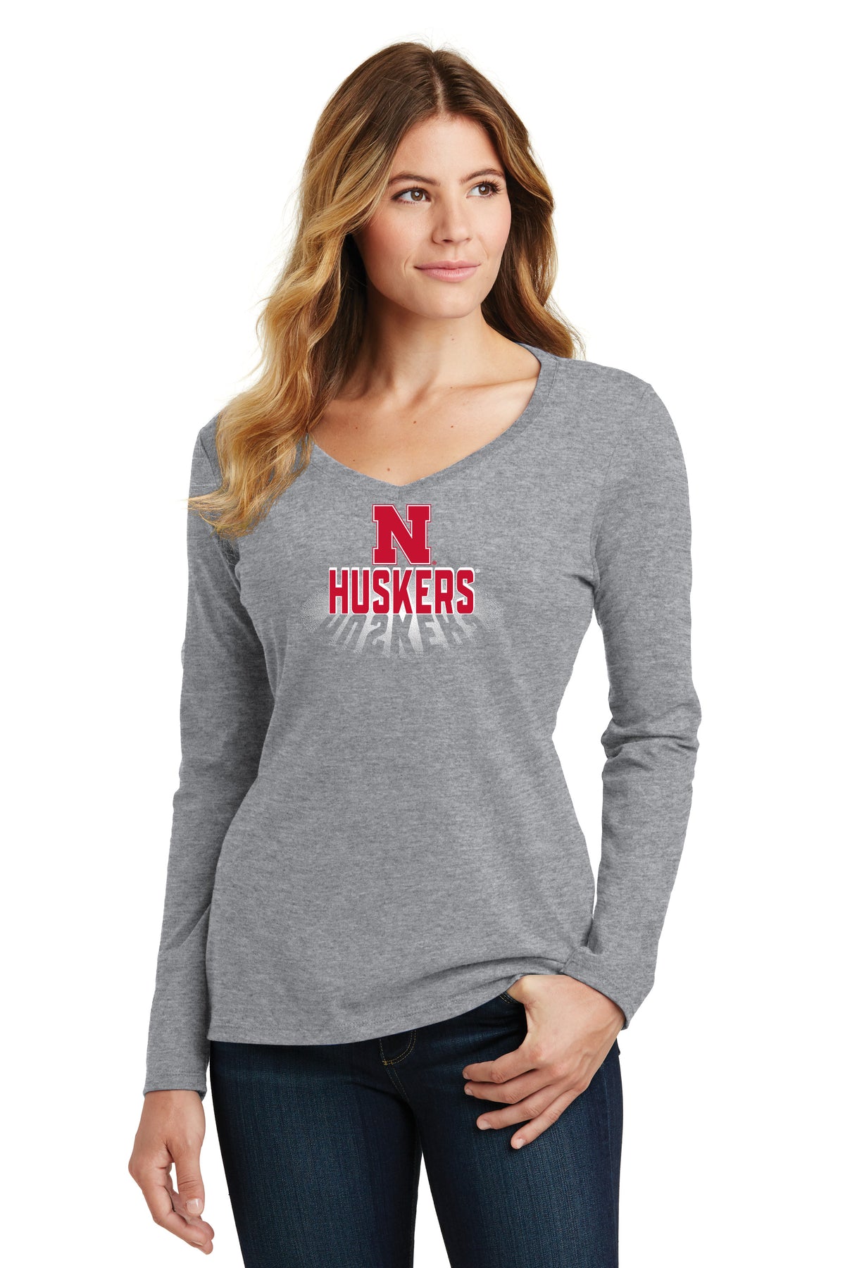 Women's Nebraska Huskers Long Sleeve V-Neck Tee Shirt - 3D Huskers Spotlight Shadow