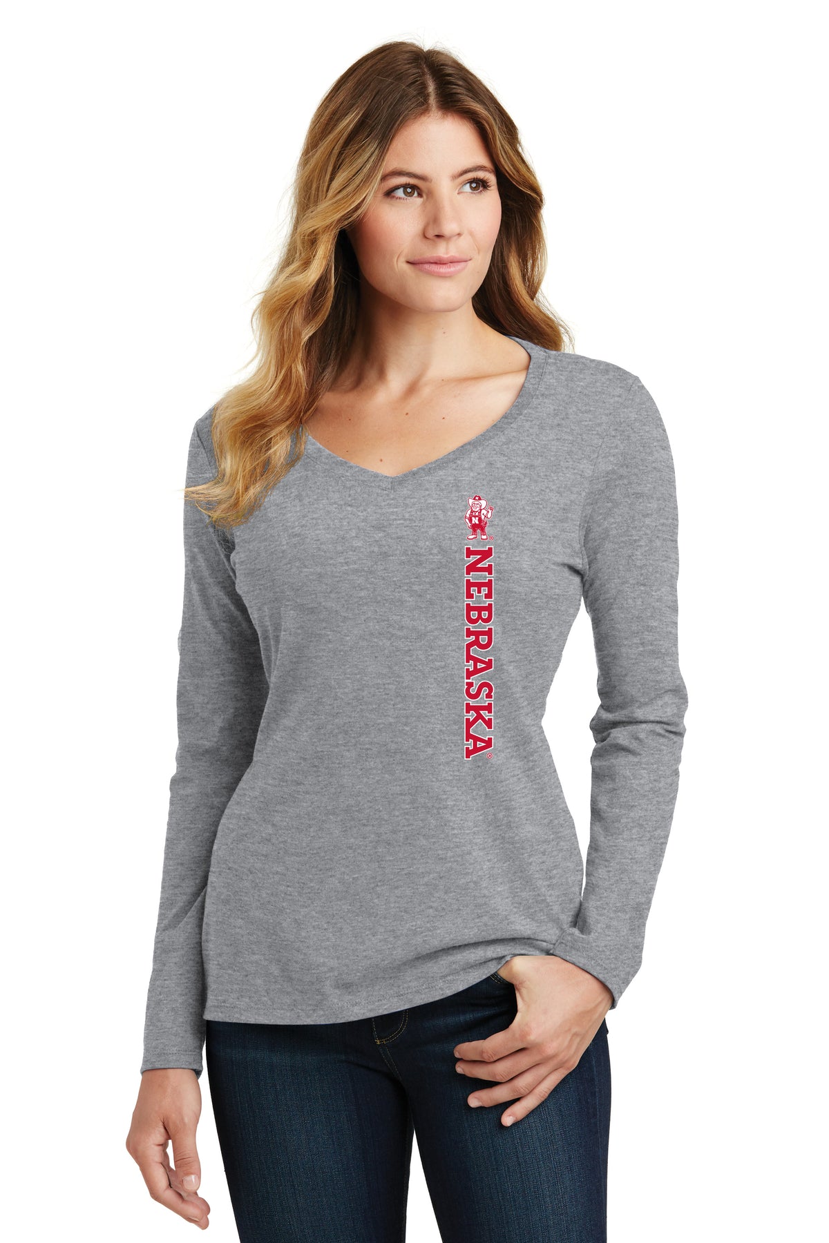 Women's Nebraska Huskers Long Sleeve V-Neck Tee Shirt - Vertical Nebraska Herbie Husker