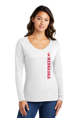Women's Nebraska Huskers Long Sleeve V-Neck Tee Shirt - Vertical Nebraska Herbie Husker