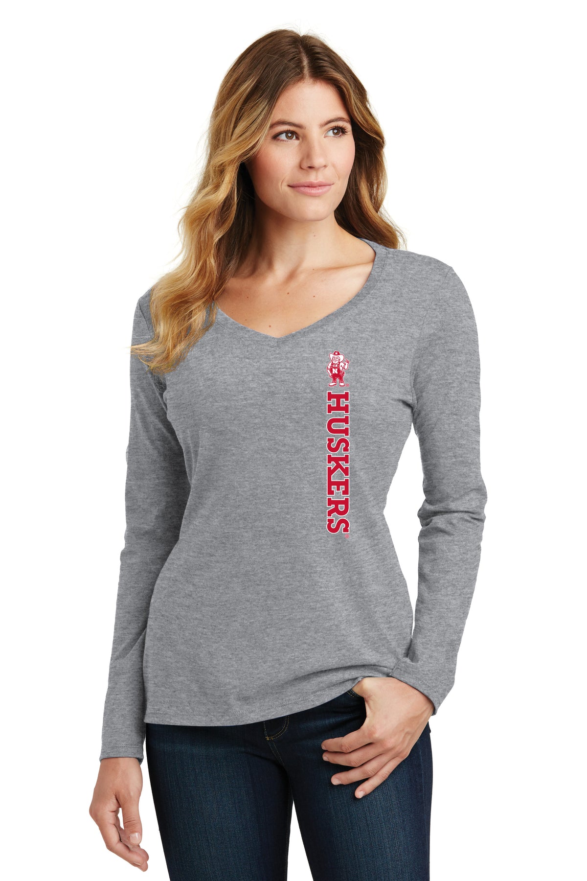 Women's Nebraska Huskers Long Sleeve V-Neck Tee Shirt - Vertical Huskers Herbie Husker