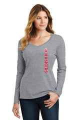 Women's Nebraska Huskers Long Sleeve V-Neck Tee Shirt - Vertical Huskers Herbie Husker